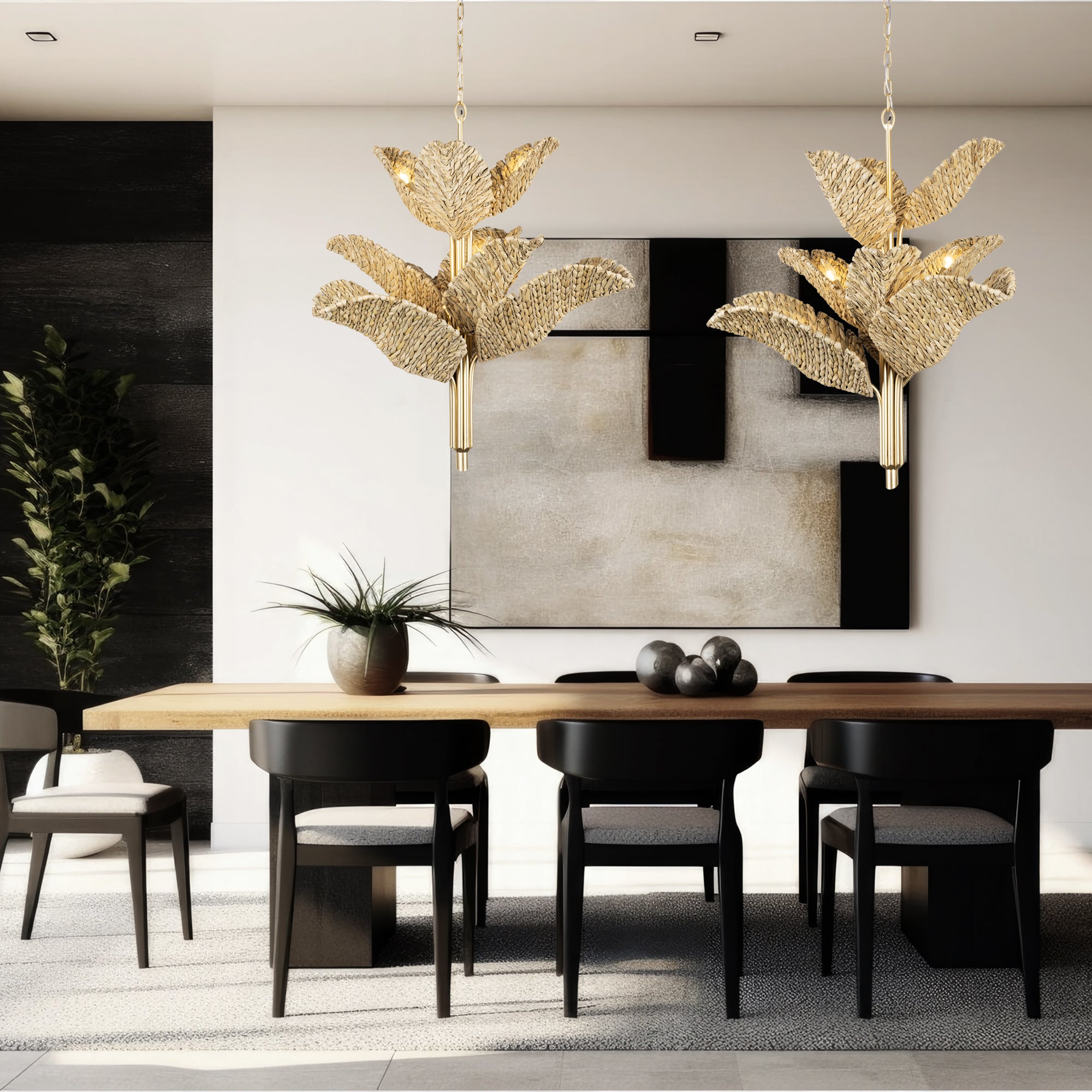 Banana Leaf 901C09FGN 9-Light Chandelier - French Gold/Natural Seagrass