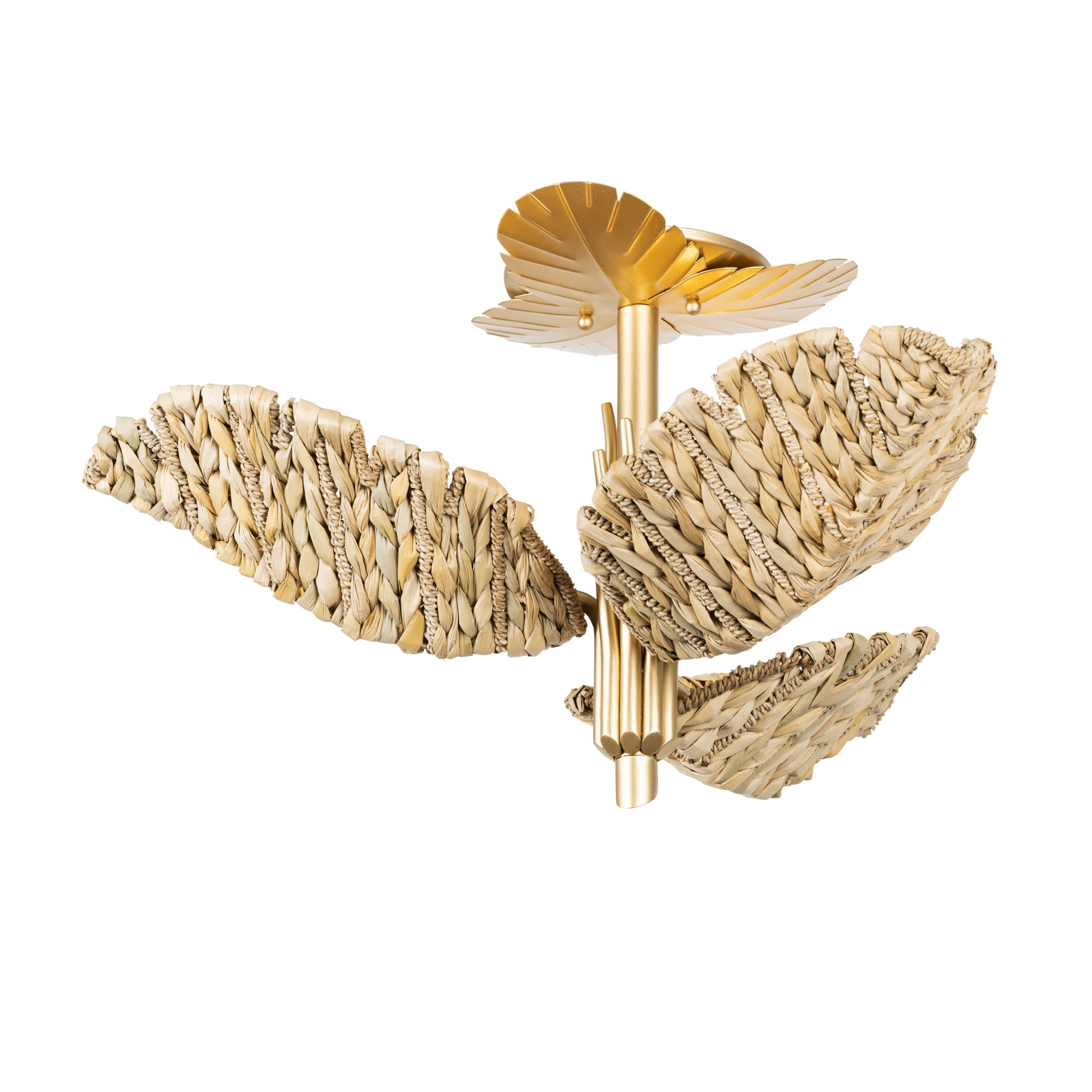 Banana Leaf 3-Light Semi-Flush - French Gold/Natural Seagrass